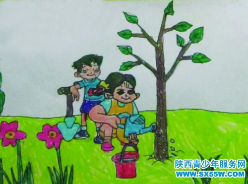 儿童画《我们一起爱护小树》